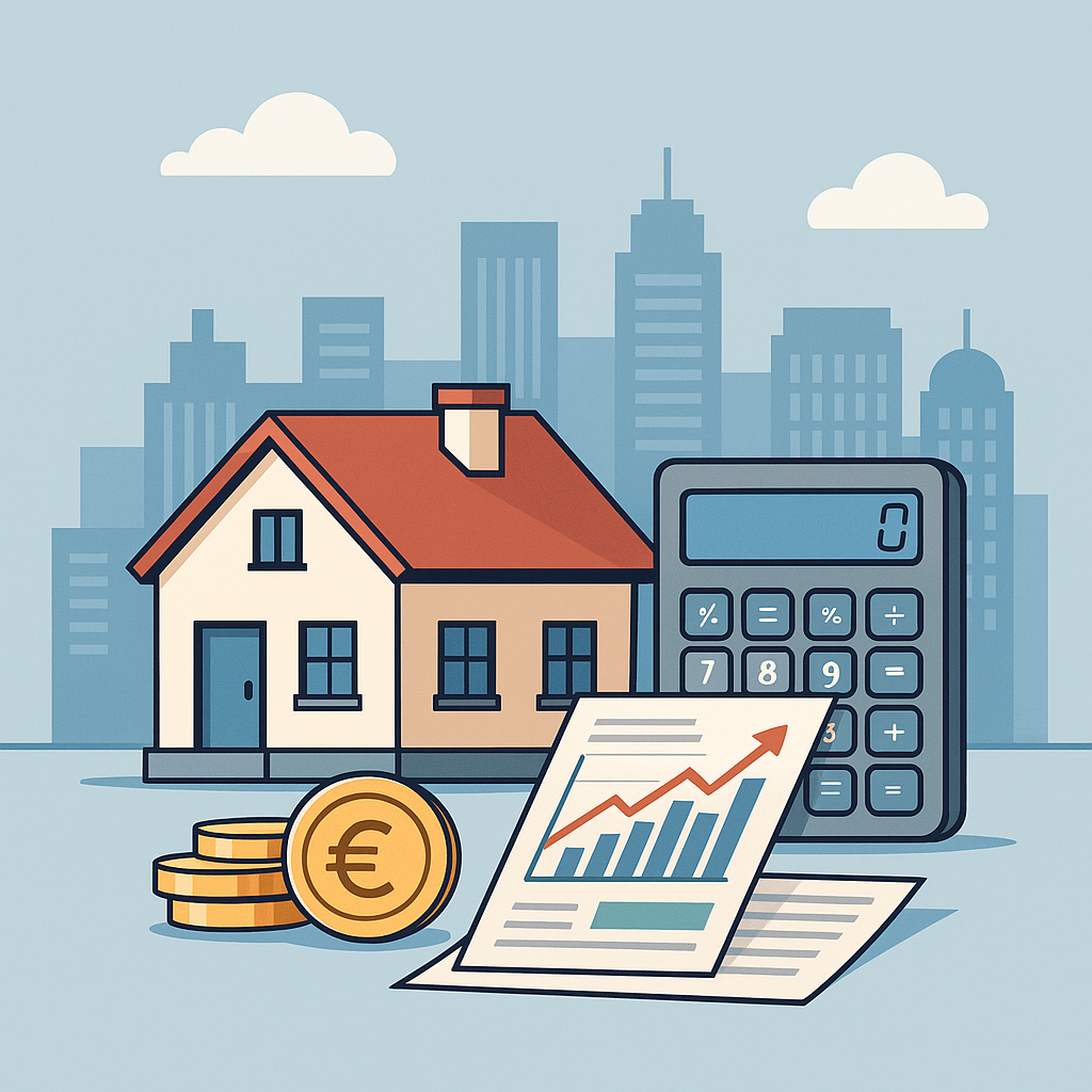 Ilustración del sector inmobiliario en España: casa, gráficos y planificación financiera en 2025